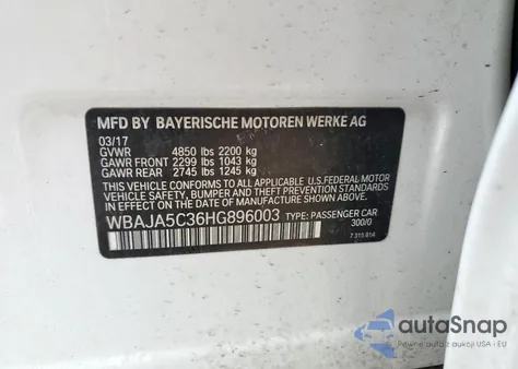 2017 BMW 530 I z USA, uszkodzony, nr VIN WBAJA5C36HG896003